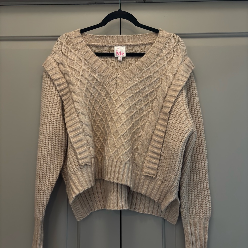 by Beige Cable-Knit V-Neck Sweater